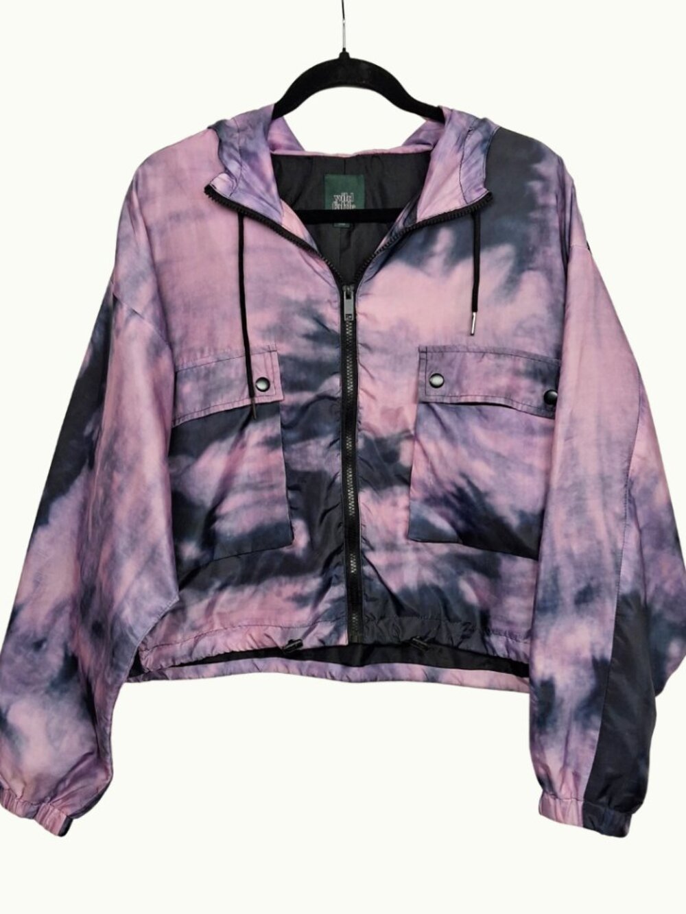 WILD FABLE Tie Dye Windbreaker Jacker Purple Black Print Zipper Hooded M